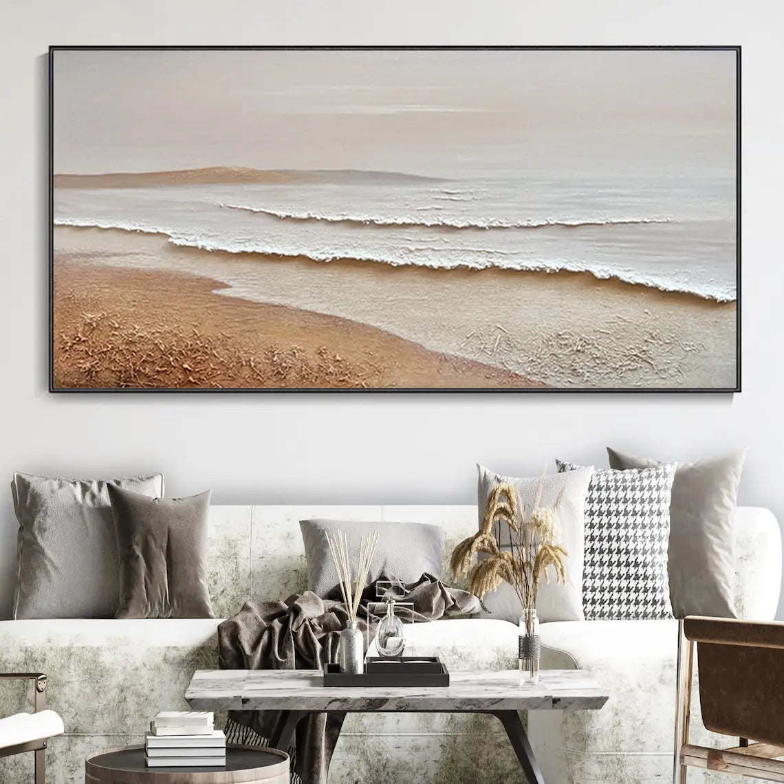 Large Sea Canvas Oil Painting Handmade Blue Sea Landscape Abstract White Wave Painting Textured Sea Painting Living Room Decor