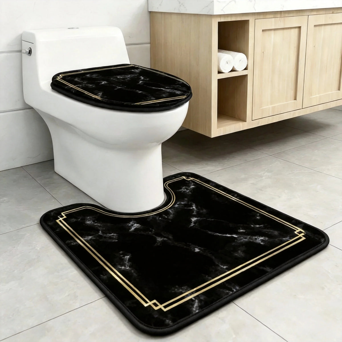 Luxury Black Marble Gold Border Bathroom Rug Set, Non Slip Bath Mat & Toilet Seat Cover, Water Absorbent Bathroom Decor