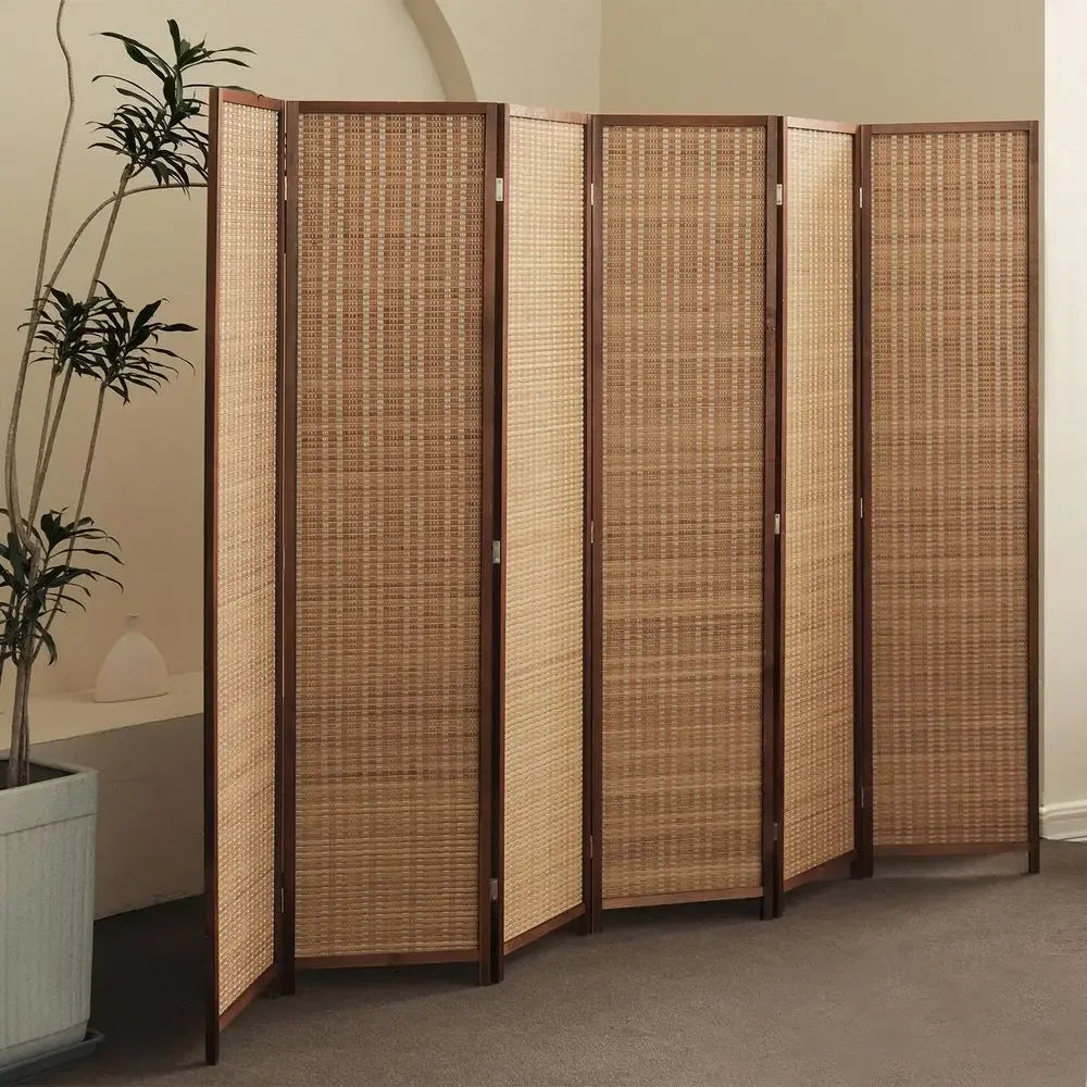 6 Panel Bamboo Room Divider - 5.6 t Tall Folding Privacy or Room Separation, Natural Brown Freestanding Partition Wall