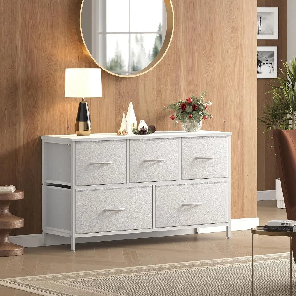 Wide White Bedroom Dresser with 5 Drawers for Clothes Storage and Fabric Bins