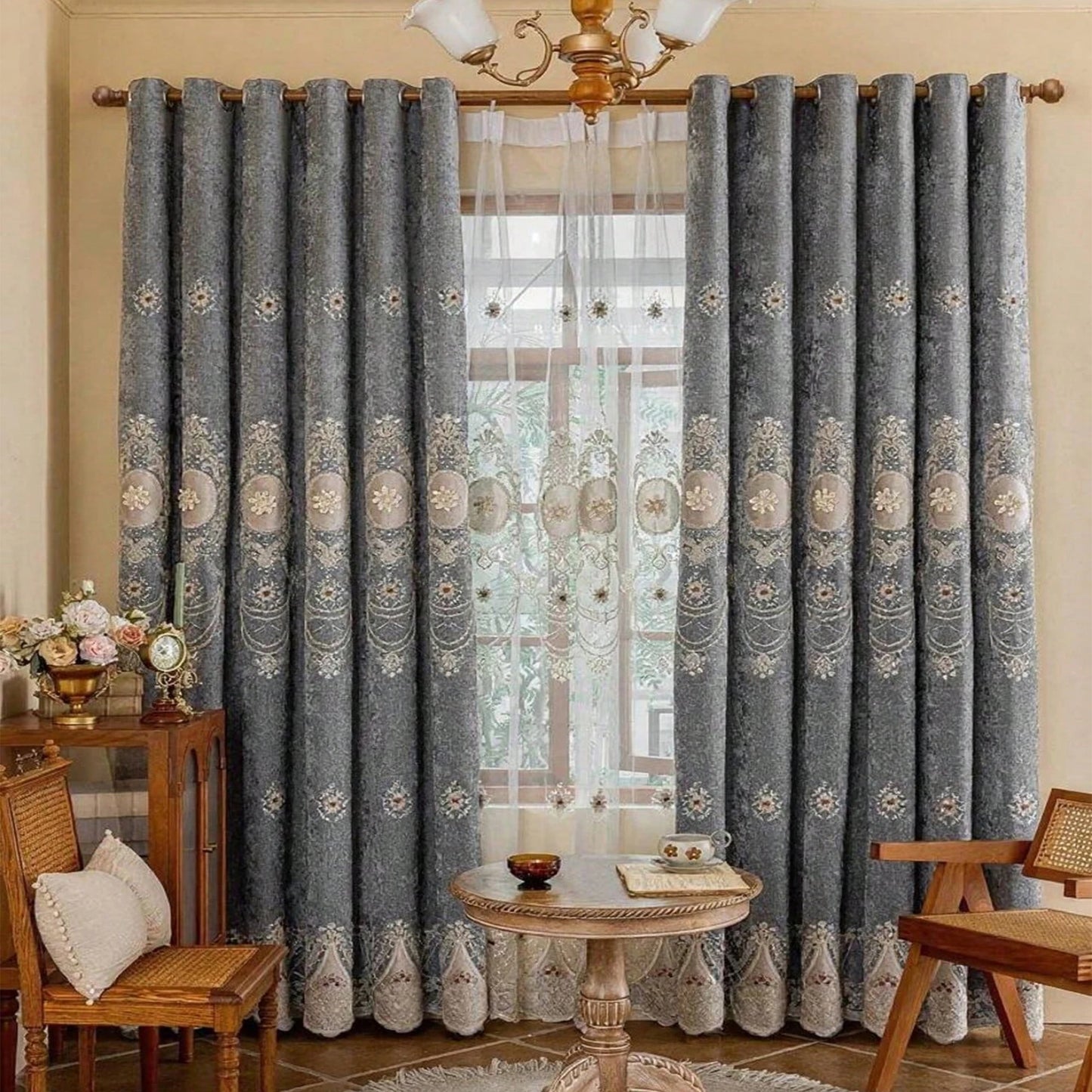1pc Luxury European Style Chenille Floral Curtains,Light Blocking Embroidered Drapes for Living Room,Bedroom,High-End Home Decor