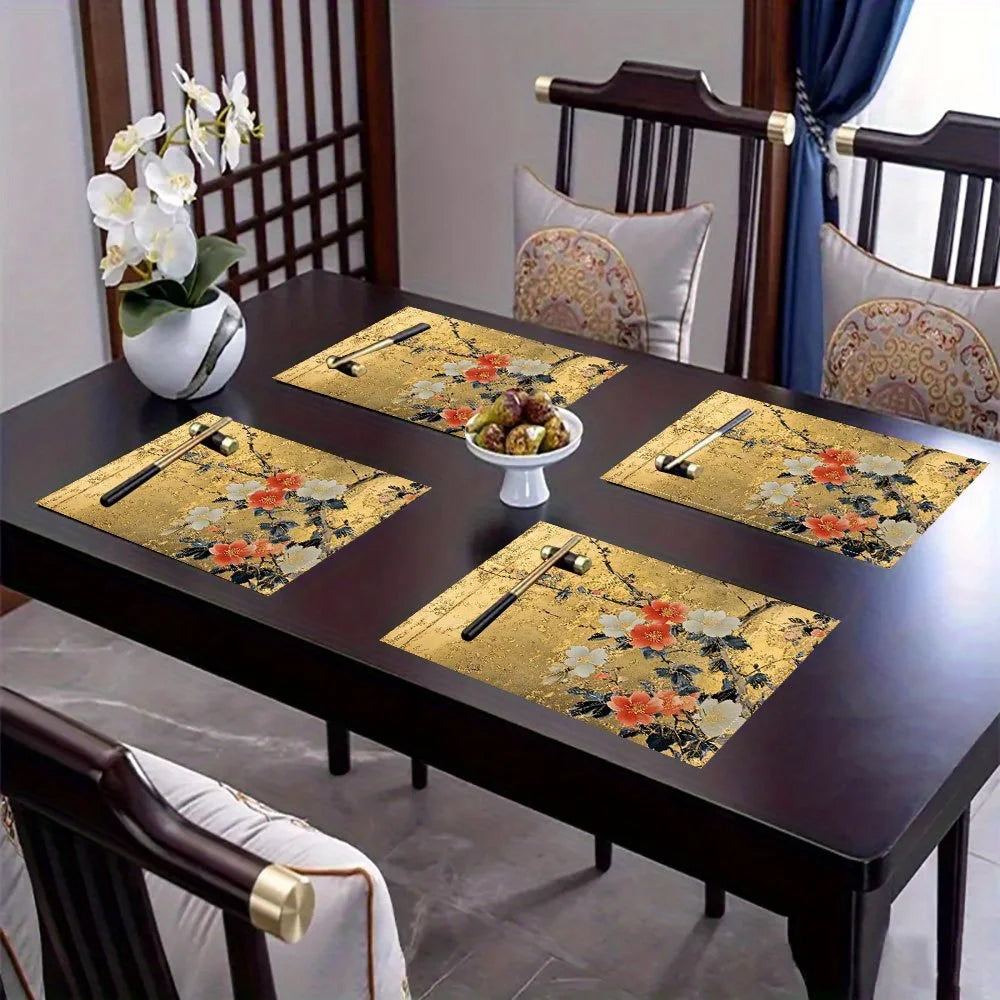 Stylish Japanese Golden Floral Design Placemats Trendy Printed Table Mats Suitable for Dining Tables Kitchens Parties Indoor Use