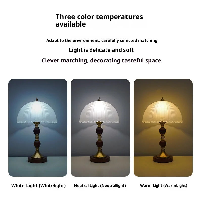 Solid Wood Nordic Table Lamp Bedside Light Luxury High-end Bedroom Decoration Table Lamp Retro Glass Creative Night Lamp B & B