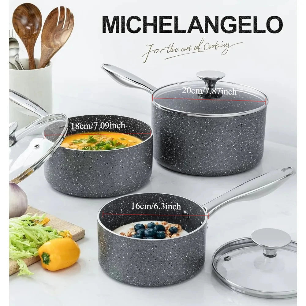 MICHELANGELO 3 Piece Granite Coated Pot Set with Lid 1QT 2QT 3QT Stainless Steel Handle for Oven and Induction Cooktop