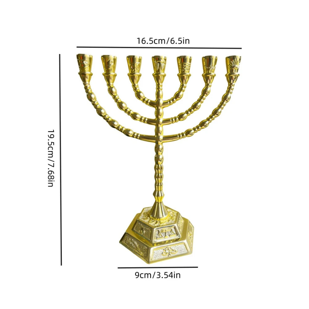 1PC Hanukkah Religious Menorah Golden Zinc Alloy 7 Arm Candlestick Embossed Hexagon Base Jewish Altar Display Souvenir Ornament