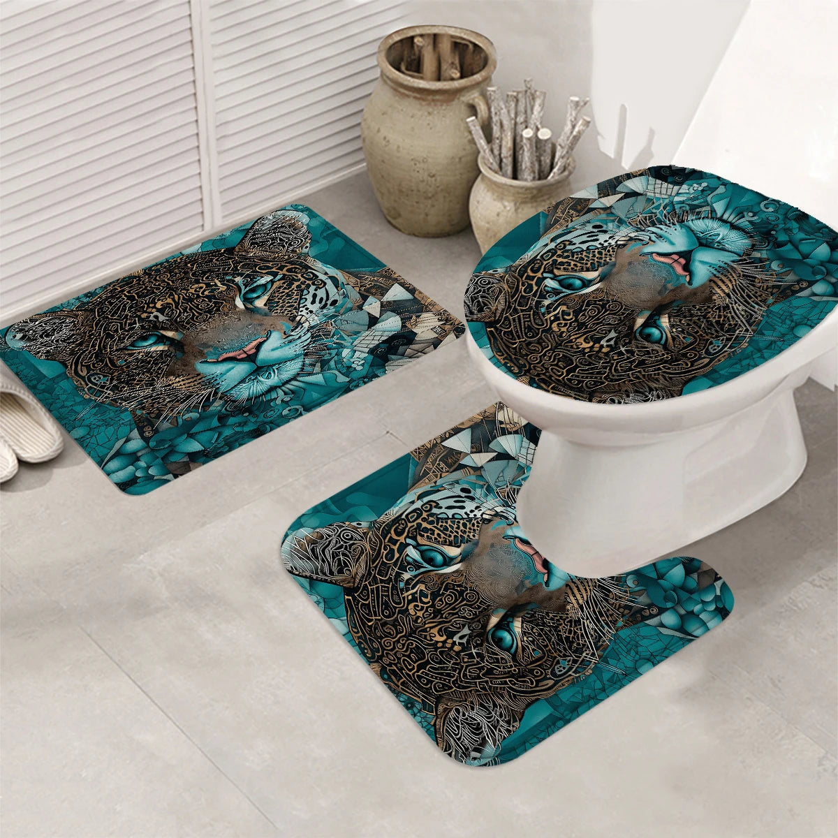 4Pcs Teal Tribal Jaguar Shower Curtain Set with Hooks, Boho Geometric Animal Print Waterproof Mildew Resistant Fabric Bath Mat for Family Bathroom Home Decor