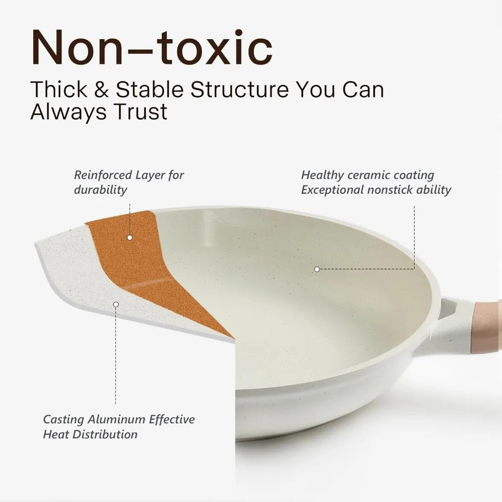 Non Stick Ceramic Cookware Set 22 Pcs PFOA PFOS Free Pots and Pans with Glass Lids Induction Compatible Cream White