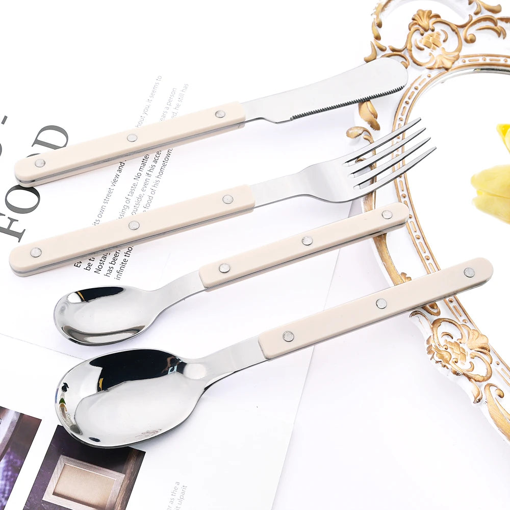 Beige Silver 4/16Pcs Dinnerware Acrylic Handle Knife Fork Spoon Set Stainless Steels Cutlery Set Western Dinner Kitchen Flatware