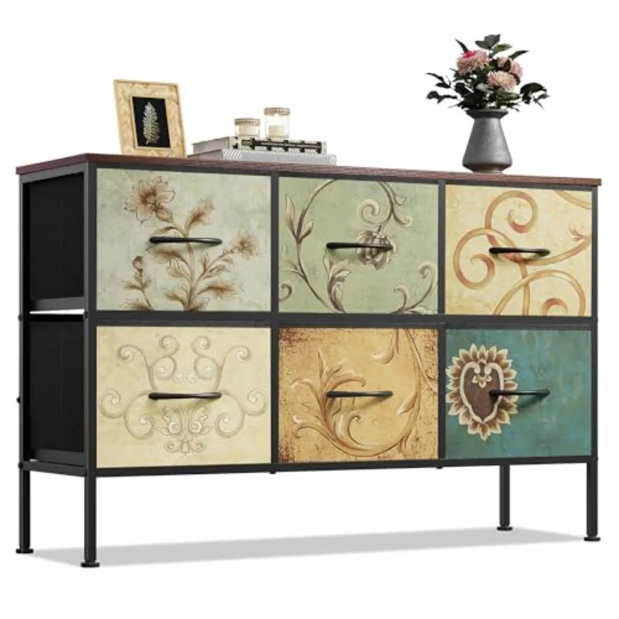Wide Dresser with 6 Fabric Drawers, TV Stand for 50" TV, Closet Dresser with Metal Frame, Wooden Top, Fabric Dressers for Bedroom