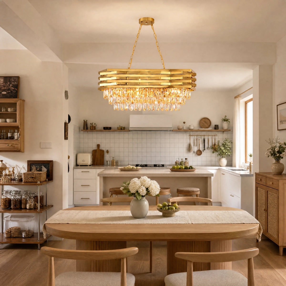 Modern Gold Crystal Chandelier, Luxury Pendant Light with Adjustable Hanging Chain, Rectangular K9 Crystal 8‑Light E14 Base Ceiling Lamp for Kitchen Island Dining Room Living Room