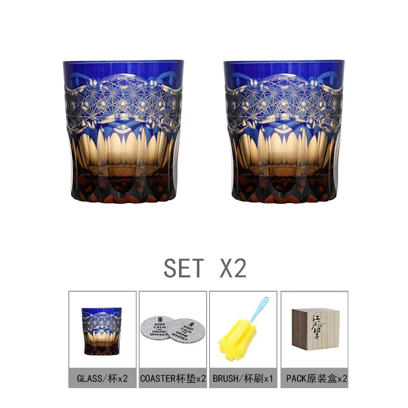 Chamvin Japanese Edo Kiriko Stellar Pulse Whiskey Glass , Hand Carved, Wooden Box Gift, Thick Bottom Wine Glass