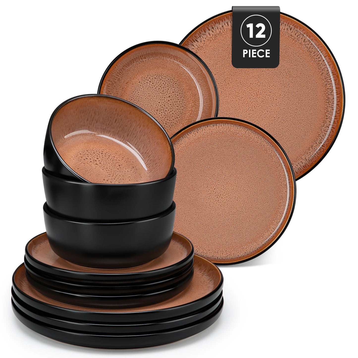 vancasso AMBER 12/16 Piece Ceramic Dinnerware Set Matte Black Stoneware Plats Set with 4/6 pcs Dinner Plate/Dessert/Bowl/Soup