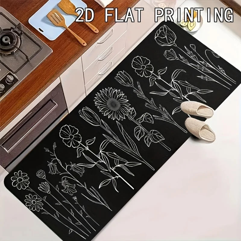 Simple Black White Line Art Wildflower Sunflower Runner Rug, Non-Slip Kitchen Rug for Kitchen, Living Room, Bathroom