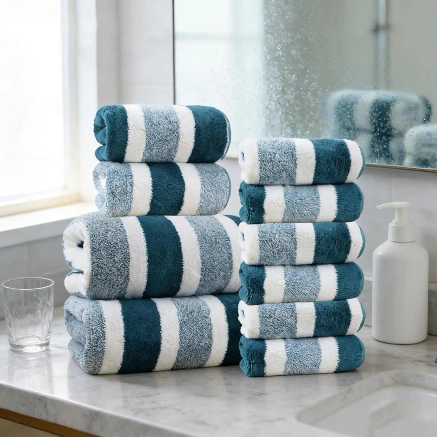 18pcs Luxury Bath Towels Set - Quick-Dry Highly Absorbent Plush Soft Coral Fleece-like Texture, Multi-Size Family Bathroom Towels with Hanging Loops (30x30cm, 70x140cm) for Home, Hotel & Spa - Navy & Striped Design, Durable &