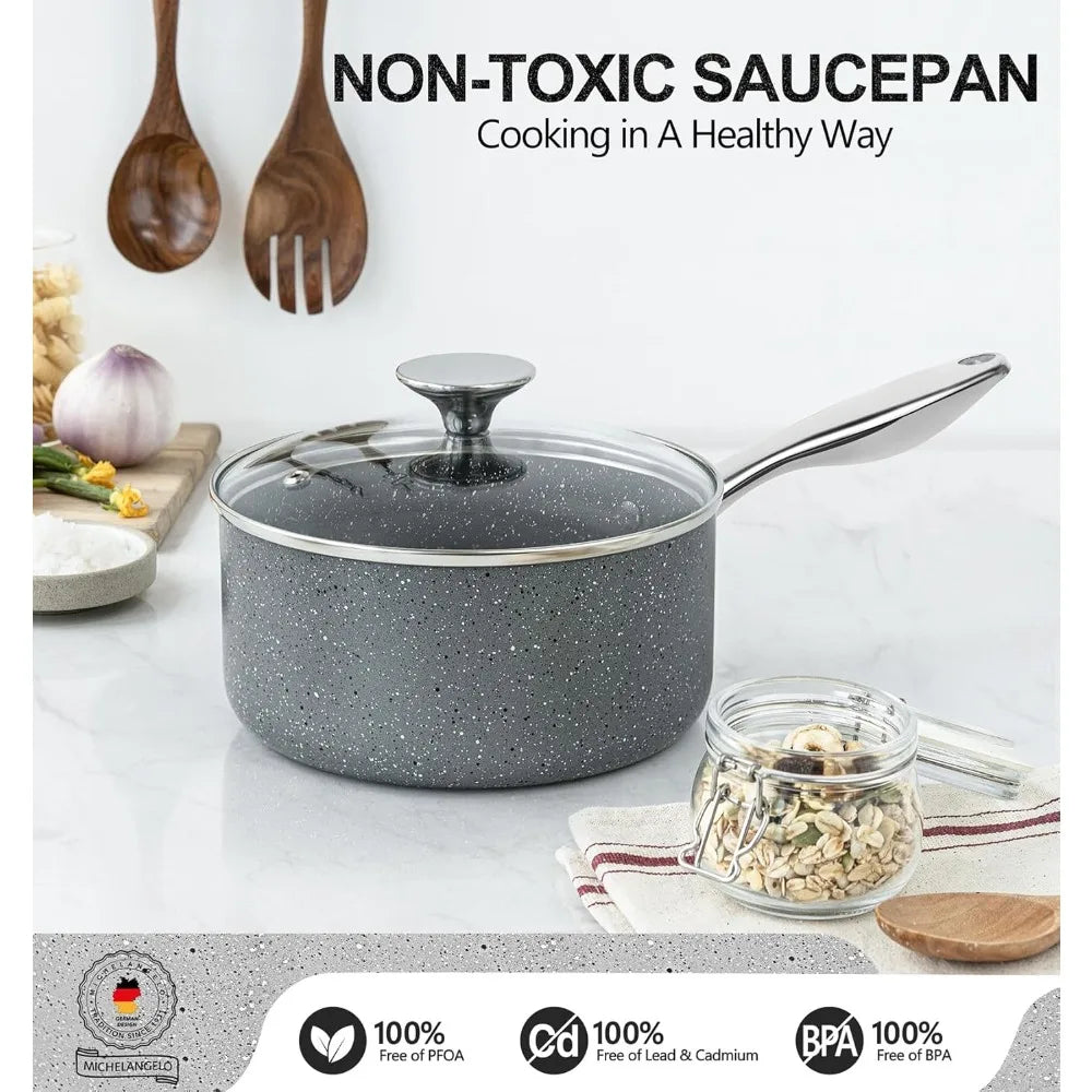 MICHELANGELO 3 Piece Granite Coated Pot Set with Lid 1QT 2QT 3QT Stainless Steel Handle for Oven and Induction Cooktop