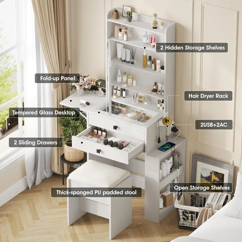 Small Makeup Vanity Desk with Fold-up Panel, White Vanity Set