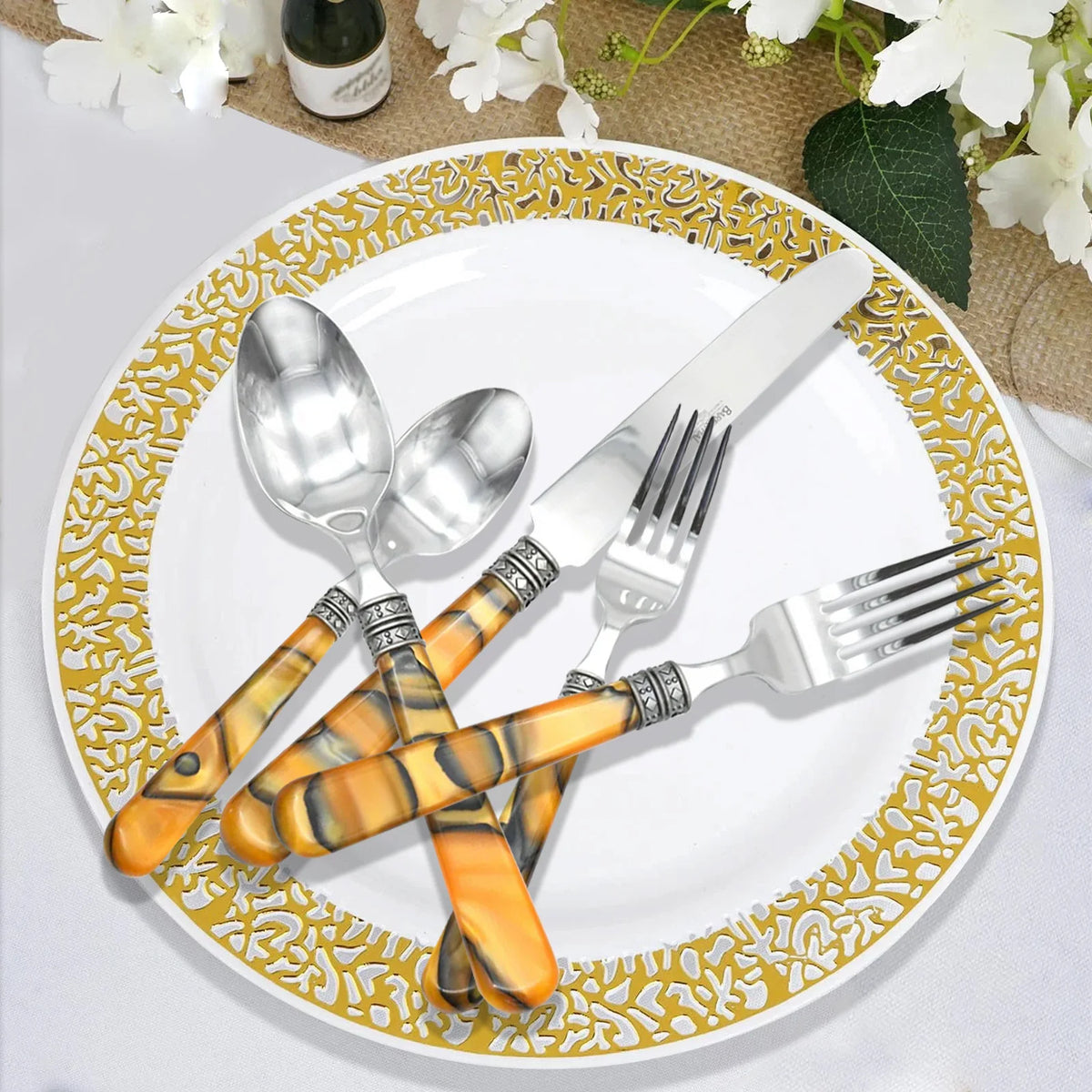 Barenthal Tortue Sandstone Handle Flatware Set 20Pcs Stainless Steel Cutlery Set Vintage Marble Pattern Dinner Fork Knife Spoon Tableware Restaurant Home Dinner Party Steak Dessert Silverware