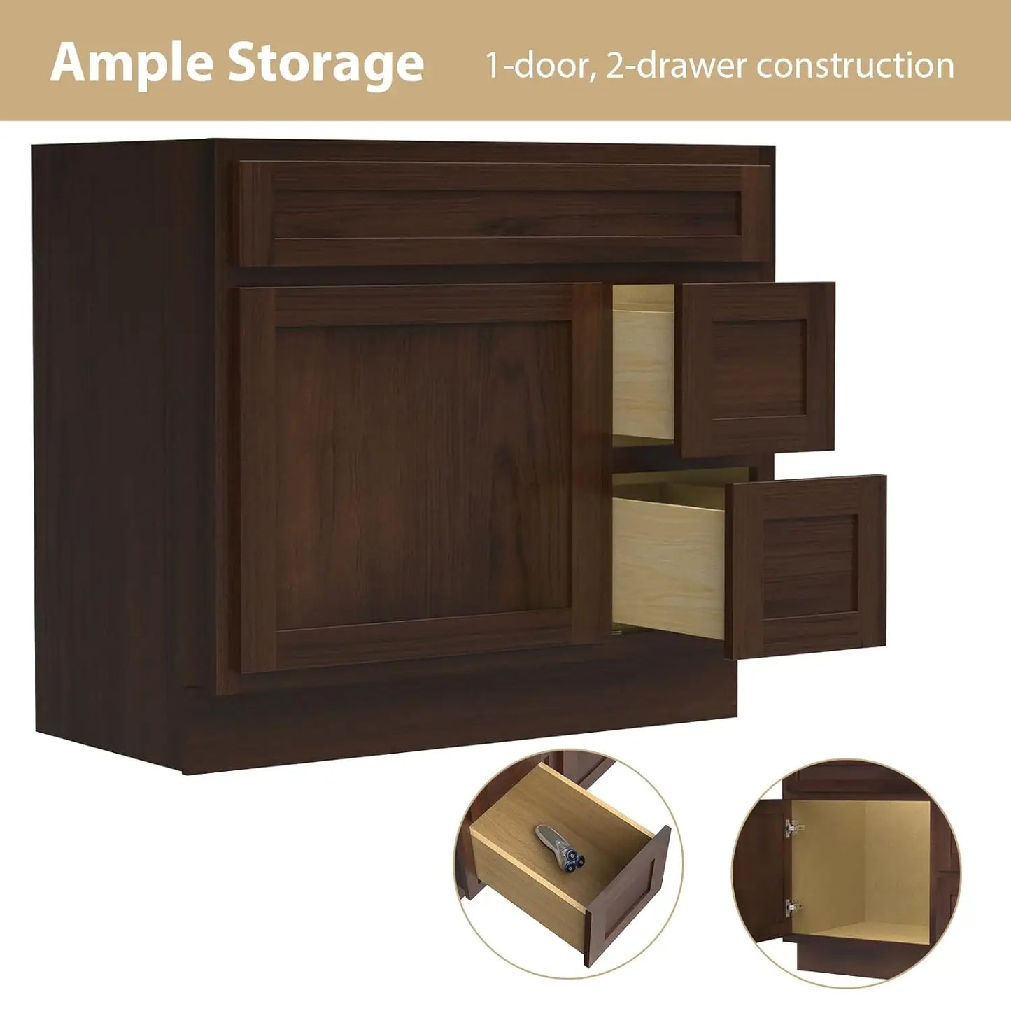 36 Inch Single Shutter Door Bathroom Vanity Base Cabinet with 2 Functioning Shaker Drawers, Strudy Floor Mount, Customized