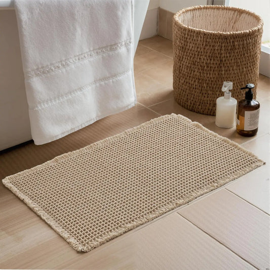 Non Slip Waffle Brown Bathroom Rugs, Super Absorbent Quick Dry Soft Washable Small Bath Mat with Tassels for Bathroom Floor