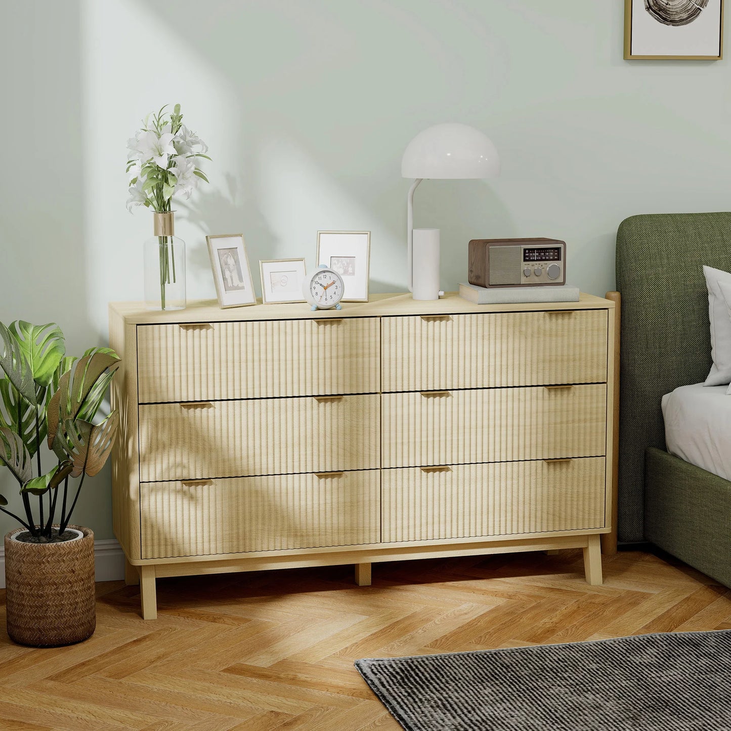 Fluted Dresser for Bedroom with 6 Drawers, 54" Wide Chest of Drawers with Gold Finger Pulls and 5 Wood Legs, Natural Wood