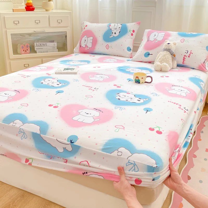 2025 New Bed Hat Print Cartoon Water Clouds Cotton Bedspread Student Mattress Cover Skin Friendly Full Wrap with Elastic Sheet