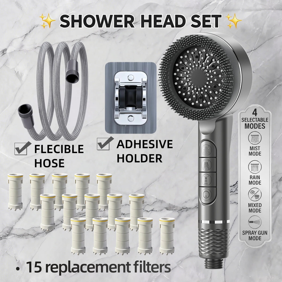 High Pressure Filter Shower Head 4 Spray Modes Massage Silicone Brush Water Stop Button Hose Wall Bracket 10/15/20 Filters