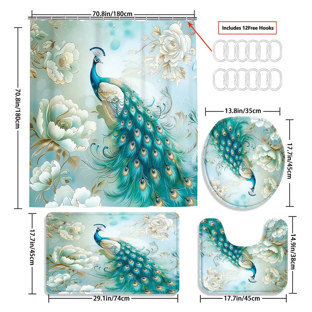 4Pcs Elegant Peony Peacock Shower Curtain Set with Hooks, Teal Floral Print Waterproof Mildew Resistant Fabric Bath Mat for Family Bathroom Home Decor