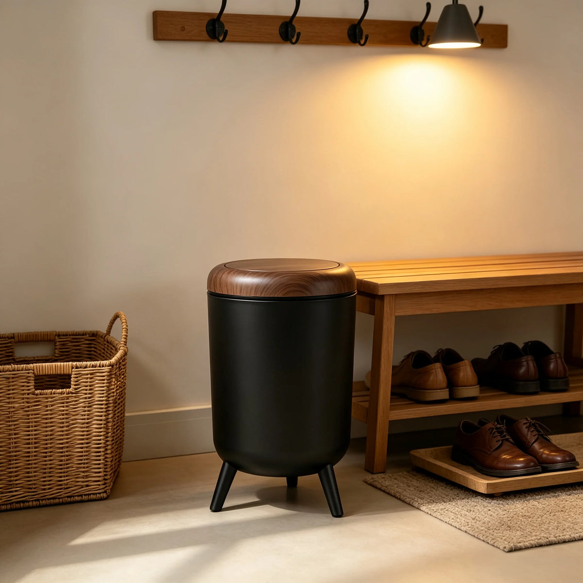 Tall Press‑Open Lidded Waste Bin with Tripod Stand, Wood‑Grain Lid Decorative Waste Container, Large‑Capacity Floor Trash Can for Home Kitchen Living Room