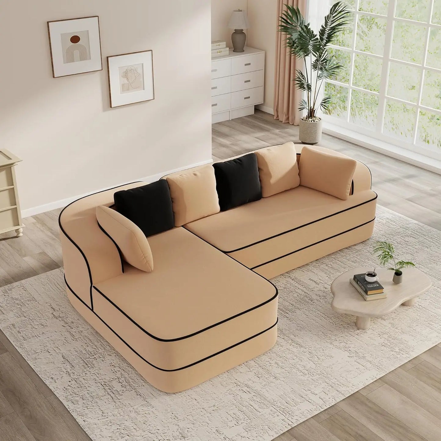 105.9" Contrast Color Boneless Sectional Couch, Teddy Fabric Foam Cloud Sofa, L Shaped Extra Deep Seat Wide Arm, Customized