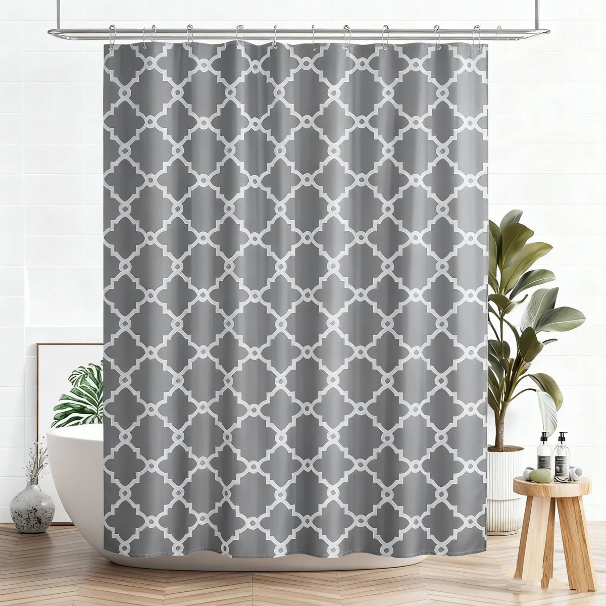 1pc Waterproof Gray Polyester Shower Curtain with Metal Grommets, 180*180cm Durable Fabric Bath Curtain for Bathroom Partitions