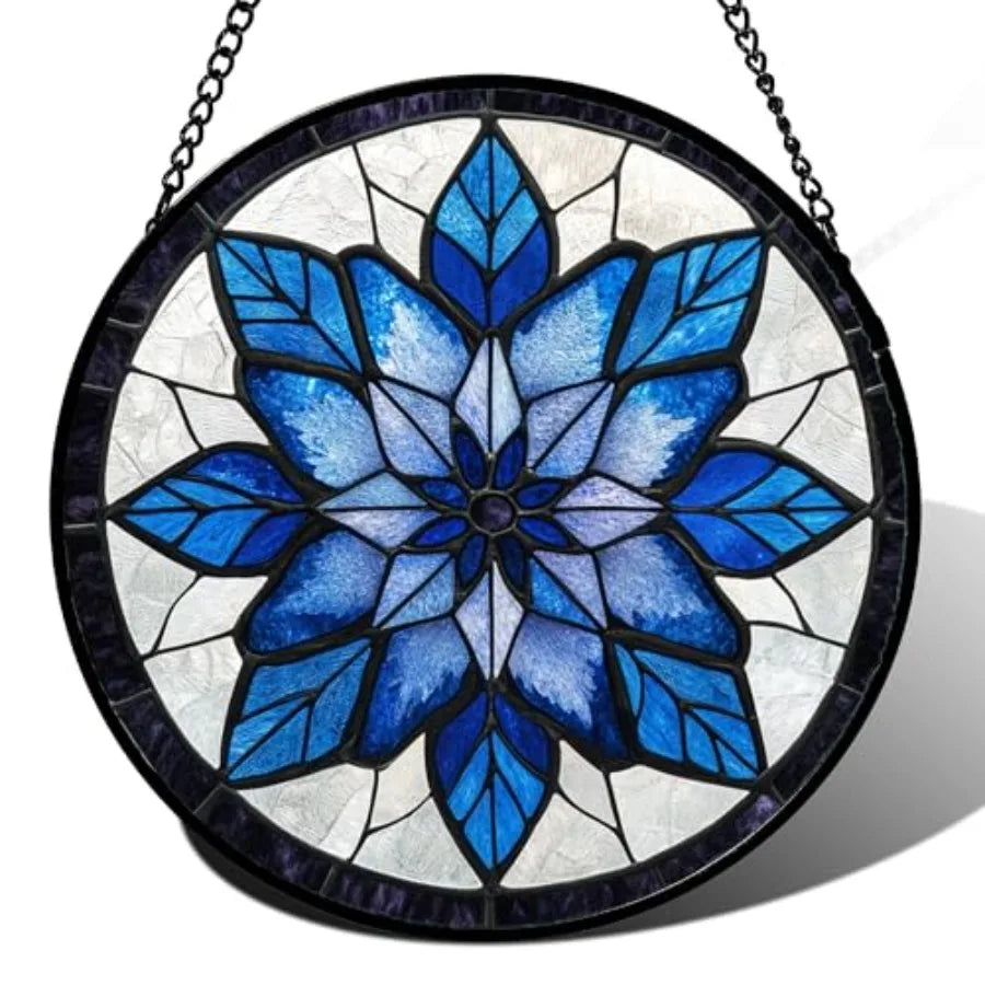 Stained Glass Window Hanging - Blue Snowflake Flowers Suncatcher for Doors Garden Patio Boho Sun Catchers Decor