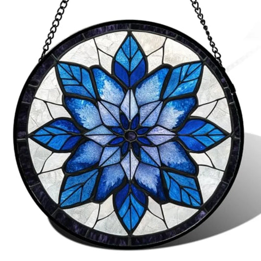 Stained Glass Window Hanging - Blue Snowflake Flowers Suncatcher for Doors Garden Patio Boho Sun Catchers Decor