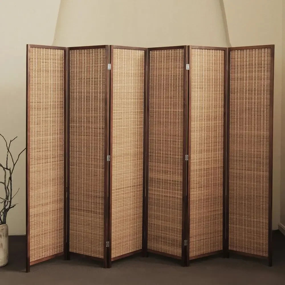 6 Panel Bamboo Room Divider - 5.6 t Tall Folding Privacy or Room Separation, Natural Brown Freestanding Partition Wall