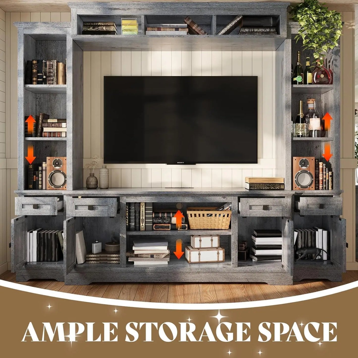 98" armhouse Wall Unit Entertainment Center with Bookshelves, Wine Cabinet, its 75" TVs, Large TV Stand with Power Outlets & Bar