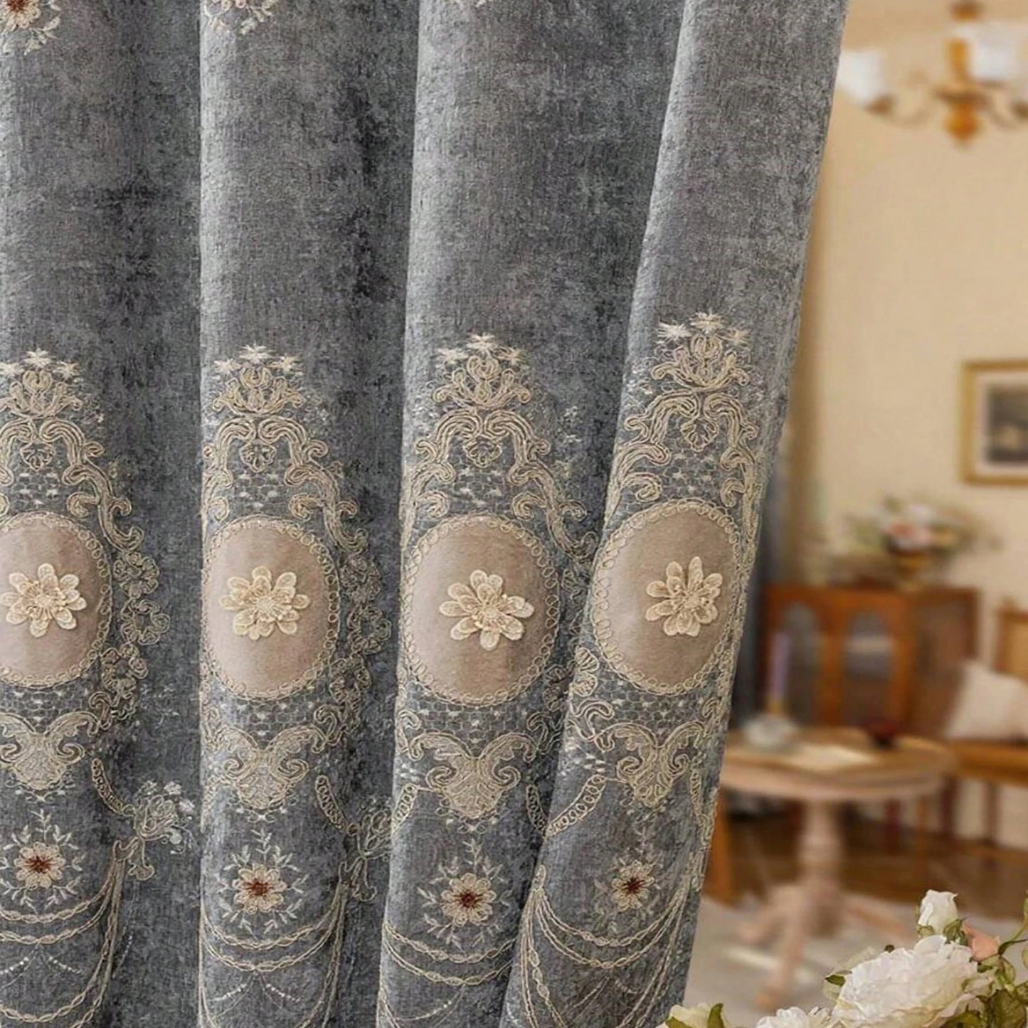 1pc Luxury European Style Chenille Floral Curtains,Light Blocking Embroidered Drapes for Living Room,Bedroom,High-End Home Decor