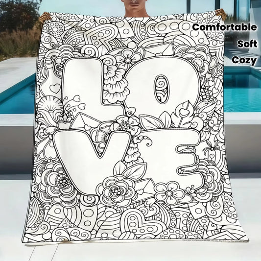 Black White Coloring "LOVE" Anime Flannel Throw, Soft Comfortable for Sofa Bed Couch Travel Birthday Christmas Gift