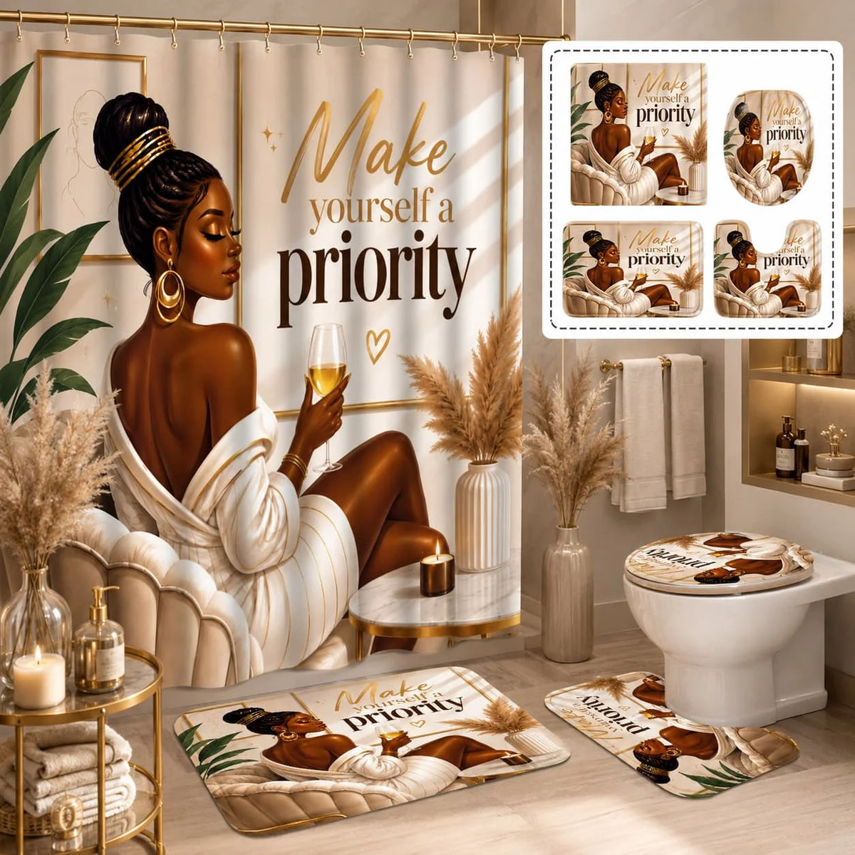 2D Flat, 2D Flat 4pcs Elegant Shower Curtain Set, Beige Golden Black Woman Inspirational Quote Design Bathroom Decor, Additions with U-Shaped, Toilet Lid Cover, Shower Curtain Includes Hooks, Inspirational Self Love Art, Home