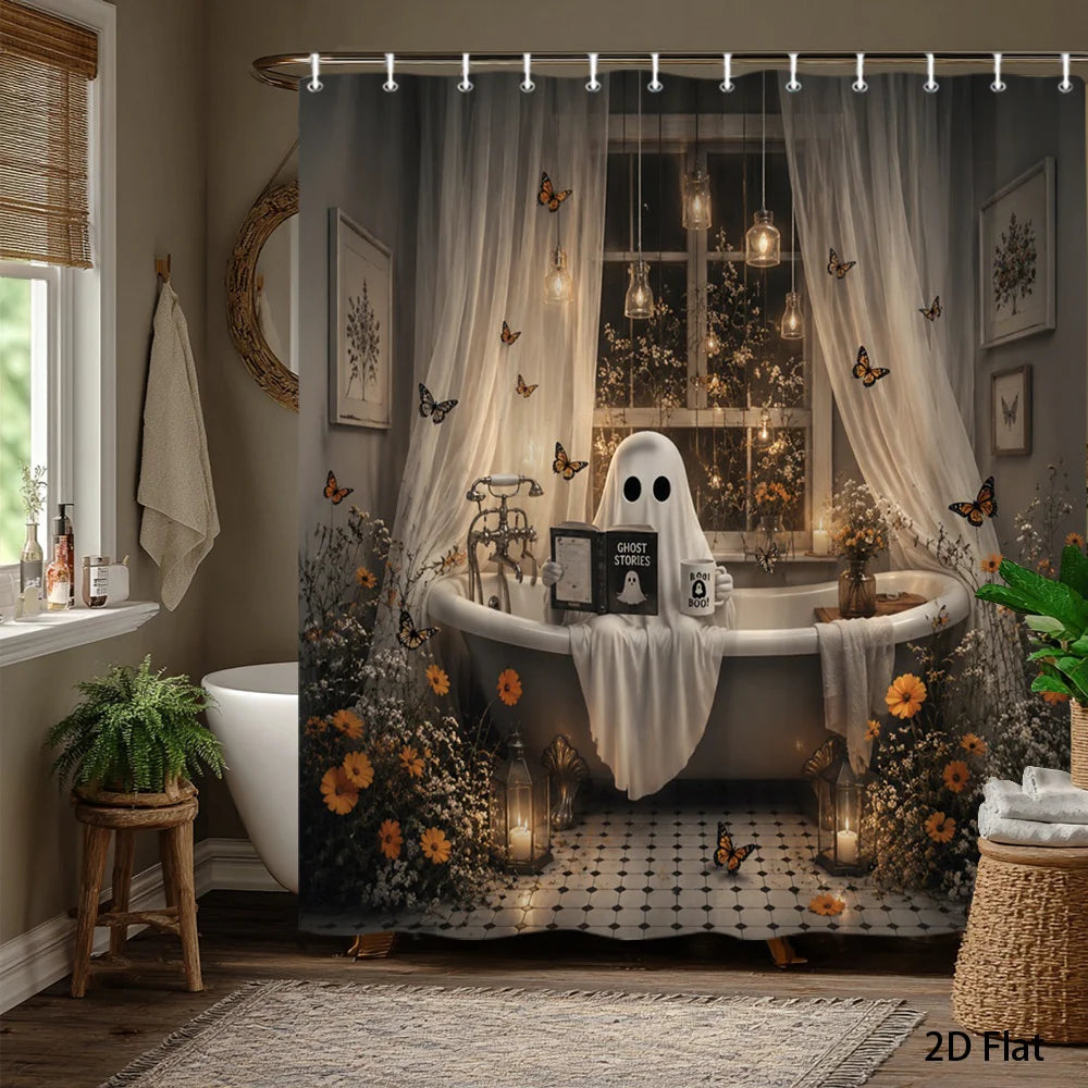 2D Flat, 1pc 2D Large-Sized Shower Curtain with Halloween Ghost Theme, Polyester Fabric Bathroom Decoration, Bathtub Partition