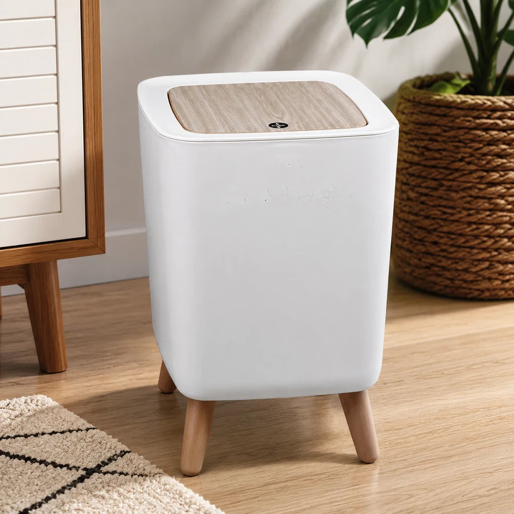Nordic Standing Press‑Lid Trash Can, Square Cream White Plastic Waste Bin With Decorative Wooden‑Look Legs, Lidded Odor‑Proof Decorative Garbage Bin for Bedroom, Bathroom, Living Room