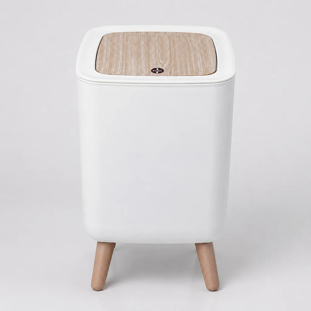 Nordic Standing Press‑Lid Trash Can, Square Cream White Plastic Waste Bin With Decorative Wooden‑Look Legs, Lidded Odor‑Proof Decorative Garbage Bin for Bedroom, Bathroom, Living Room