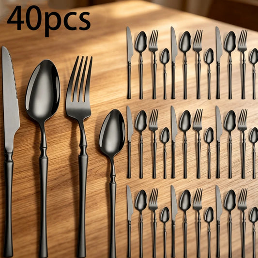 40 Pieces of Luxurious Mirror Black Stainless Steel Suit, Thin Waist Handle Knife Spoon Fork Suit, Western Steak Tableware.