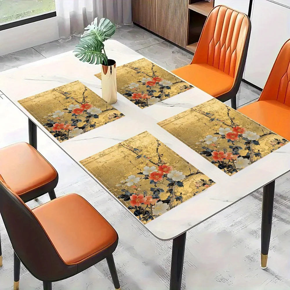Stylish Japanese Golden Floral Design Placemats Trendy Printed Table Mats Suitable for Dining Tables Kitchens Parties Indoor Use