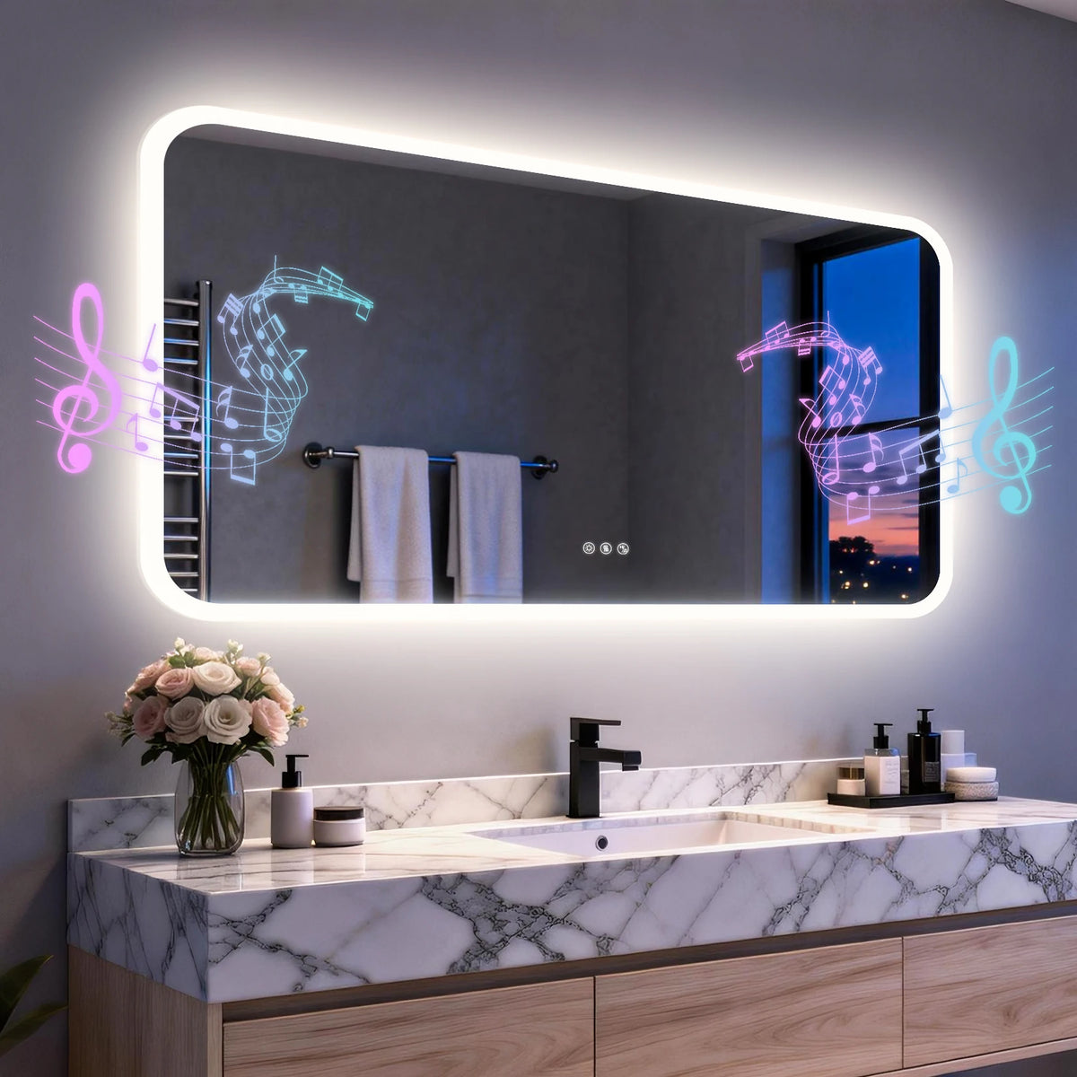 Smart LED Bathroom Mirror with Bluetooth Speakers Rectangle Illuminated Vanity Mirror Dimmable 3 Colors Anti Fog Touch Control Wall Mount