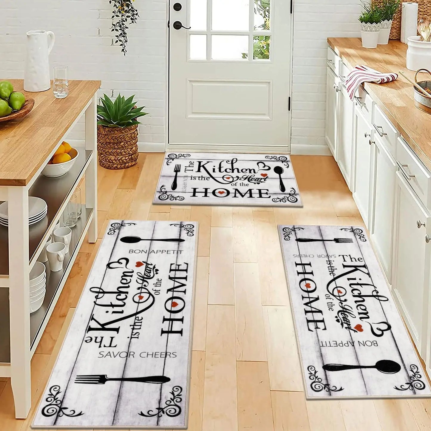 VIKAMA 3-Piece Kitchen Rug Set Machine Washable Kitchen Anti-Slip Suitable for Kitchen Rugs and Mats Ideal for Kitchen Use