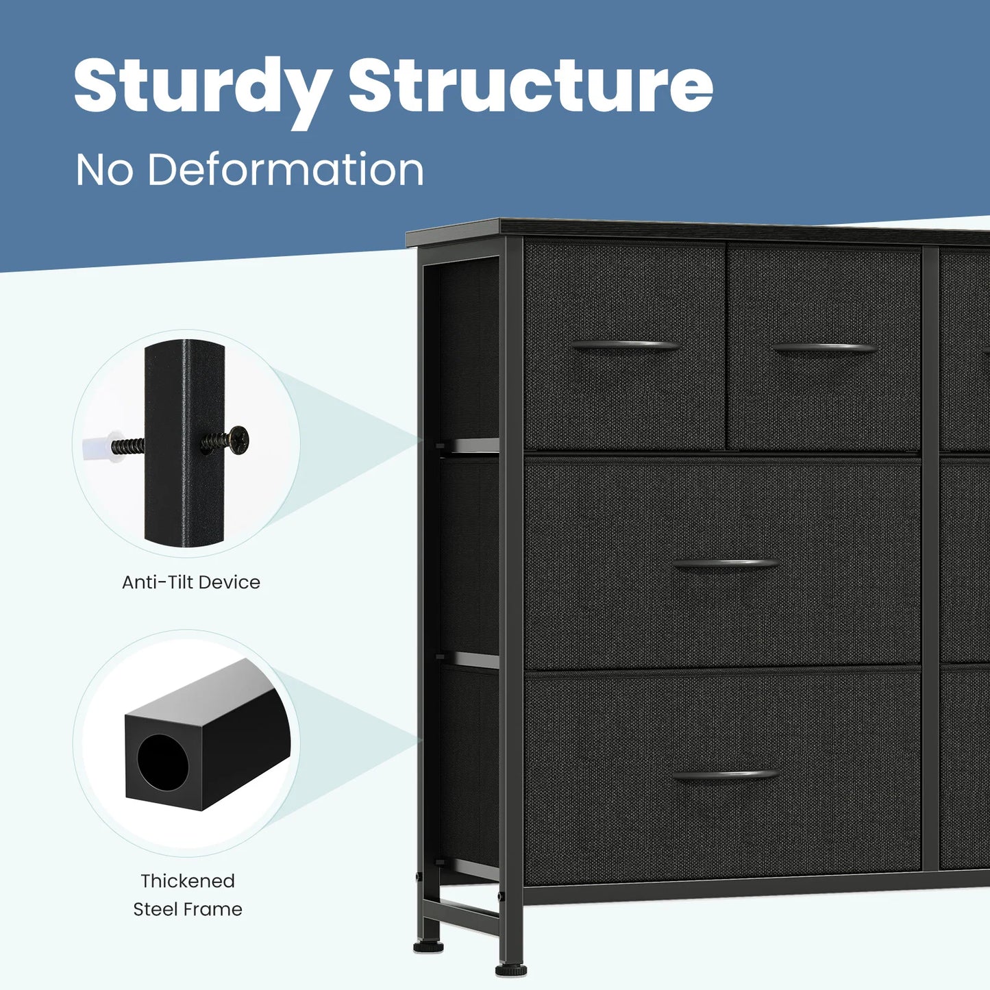 JHK 8 Fabric Drawers Dresser for Living Room Storage Tower with Wood Top and Mental Frame Wide Fabric Dresser for Closet Storage Unit for Entryway