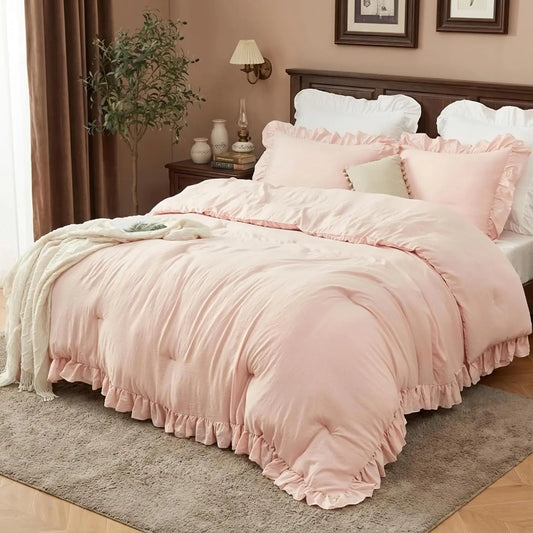 Pink Ruffled Comforter Set – Queen Size, 3-Piece, Soft Washed Microfiber, Lightweight & Fluffy, All-Season Vintage French Country Bedding, 90"x90"