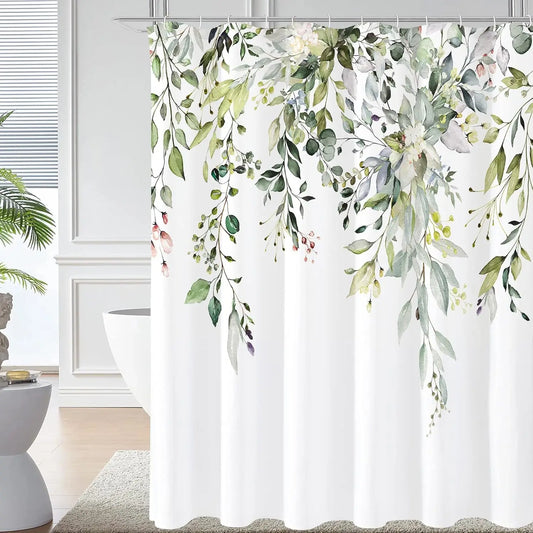 Sage Green Eucalyptus Shower Curtain Watercolor Plant Leaves Floral Bathroom Decor Waterproof Fabric with Hooks