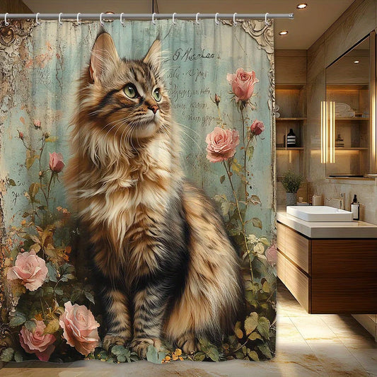 Maine Coon Cat Shower Curtain Vintage Rose Floral Polyester Bathroom Curtain with Hooks Machine Washable 70.87x70.87inch