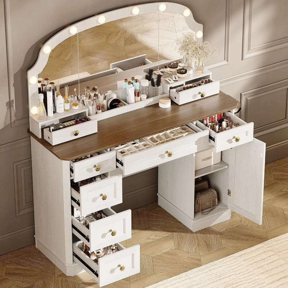 Farmhouse Makeup Vanity Desk with Mirror and Lights, 47'' Vanity Table with 8 Storage Drawers 1 Cabinet & 2, Customized