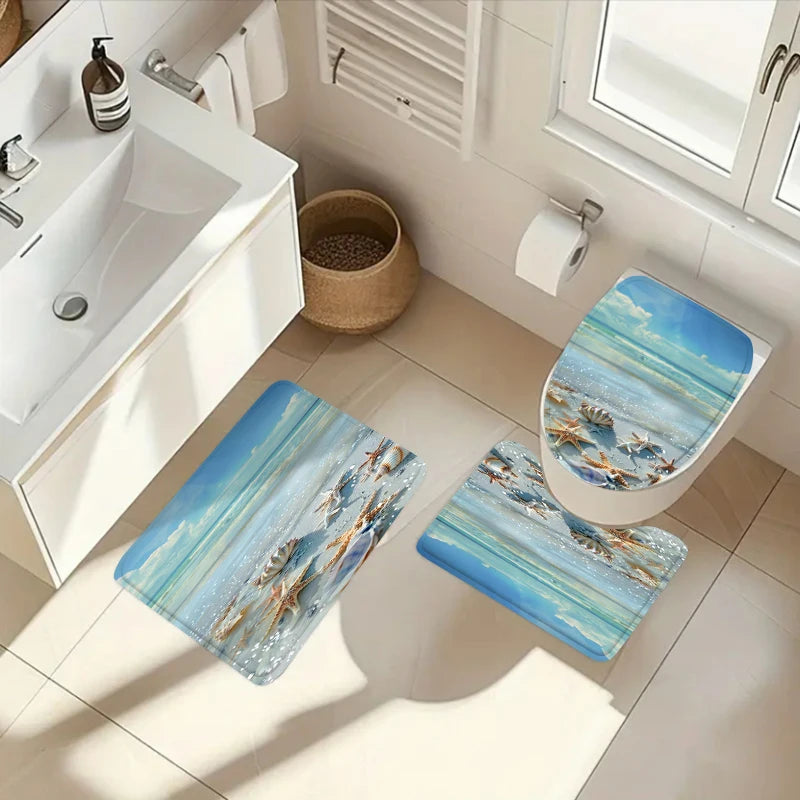 1/3/4Pc Fresh Ocean Style Beach Shell Shower Curtain Waterproof and Mildew-Proof Bathroom Partition Curtain